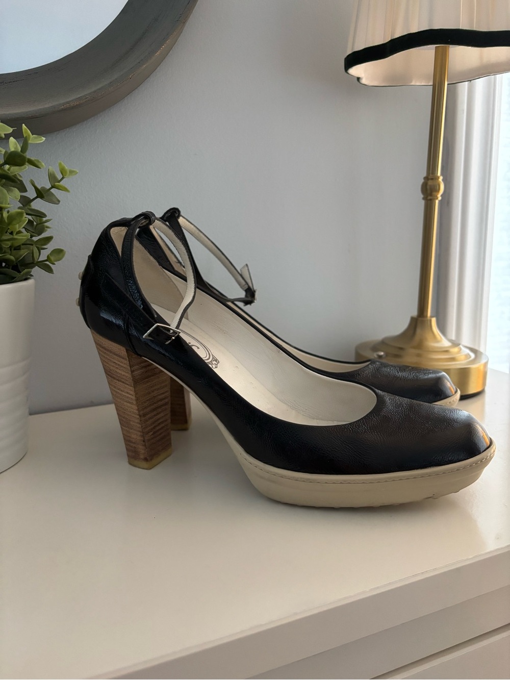 Tod's Black Leather Platform Pump with Tan Stacked Heel